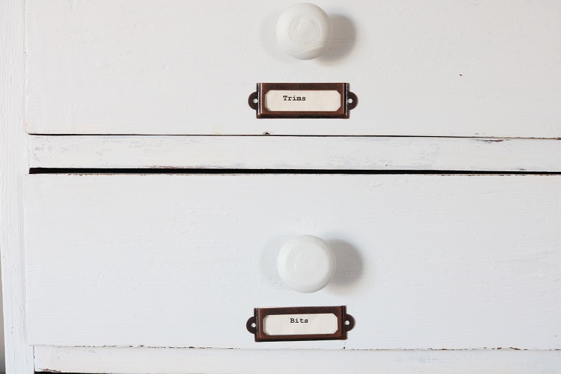 Craft room Labeled drawers closeup