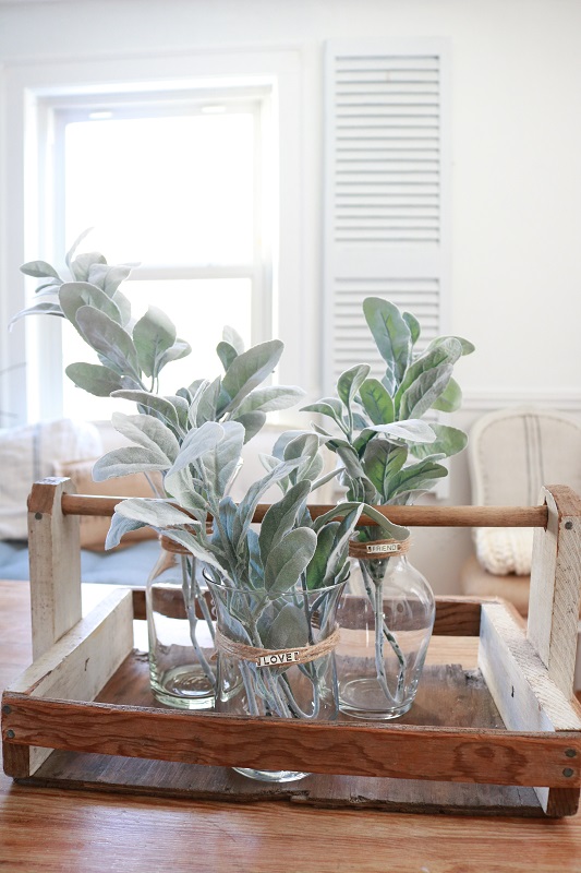 Farmhouse vases with twine and lambs ears 