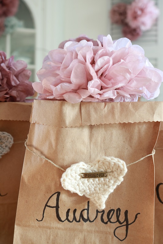 Valentine love sacks assembled with paper flower friend