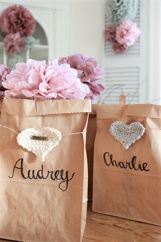 Valentine love sacks assembled with paper flowers