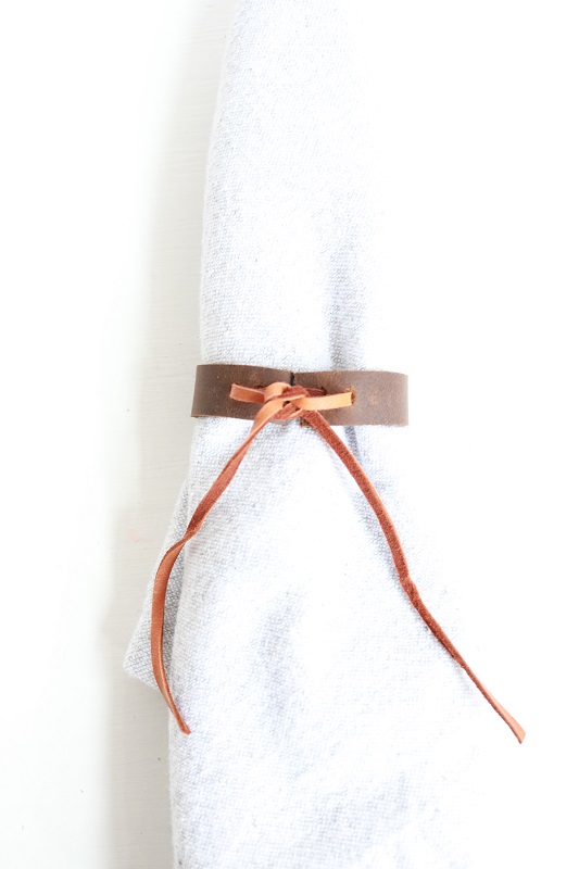 Leather Napkin Rings - tie knot to fasten napkin ring vertical pic