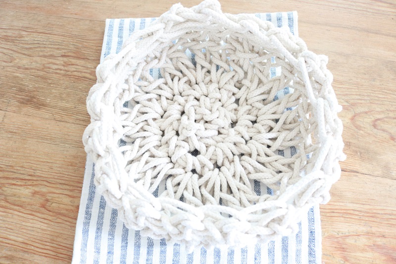 Crochet Rope Basket - free pattern, harvest basket on striped towel