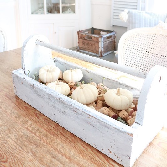 Decorating with Mini Pumpkins - display in vintage wood tool caddy, feature