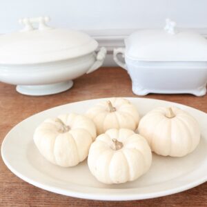 Decorating with Mini Pumpkins - display on buffet with ironstone , feature