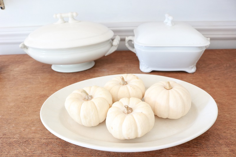 Decorating with Mini Pumpkins - display on buffet with ironstone , feature