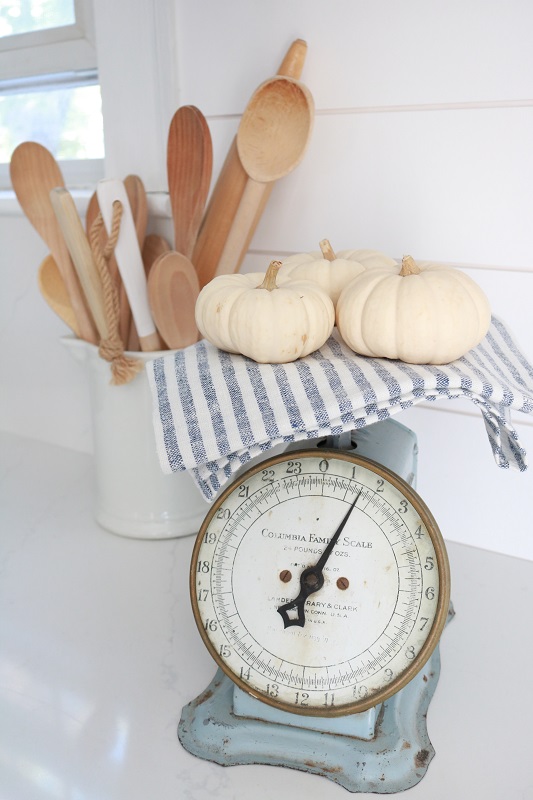 Decorating with Mini Pumpkins - display on vintage scale