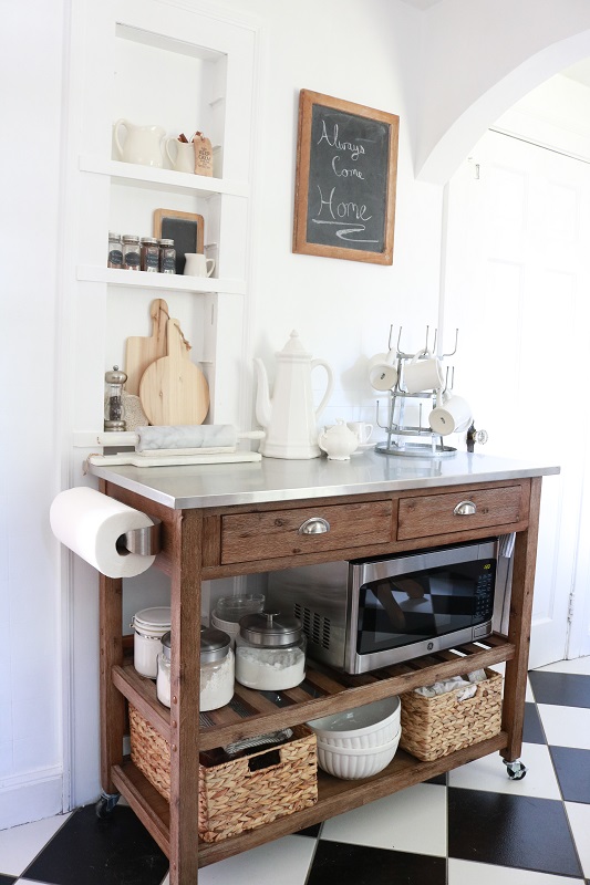 Modern Farmhouse Kitchen - view toward cafe bakery cart from left