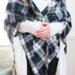 DIY Plaid Shawl - make this no-sew plaid shawl with navy plaid fabric and pom poms. Wear it or toss it as a throw blanket! #fallshawl #plaidthrow #plaidshawl