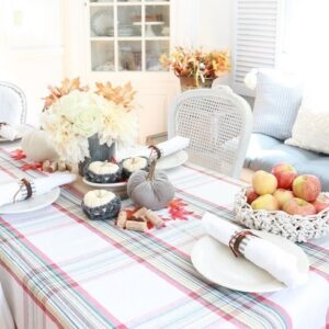 Fall Gathering Tablescape - Set your table this fall with fabrics, flowers, handmade pieces and love. #falltablescape #fallgathering #tablesetting #farmhousestyle