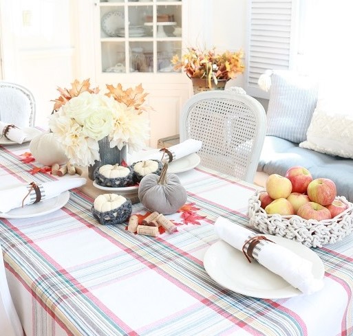 Fall Gathering Tablescape - Set your table this fall with fabrics, flowers, handmade pieces and love. #falltablescape #fallgathering #tablesetting #farmhousestyle