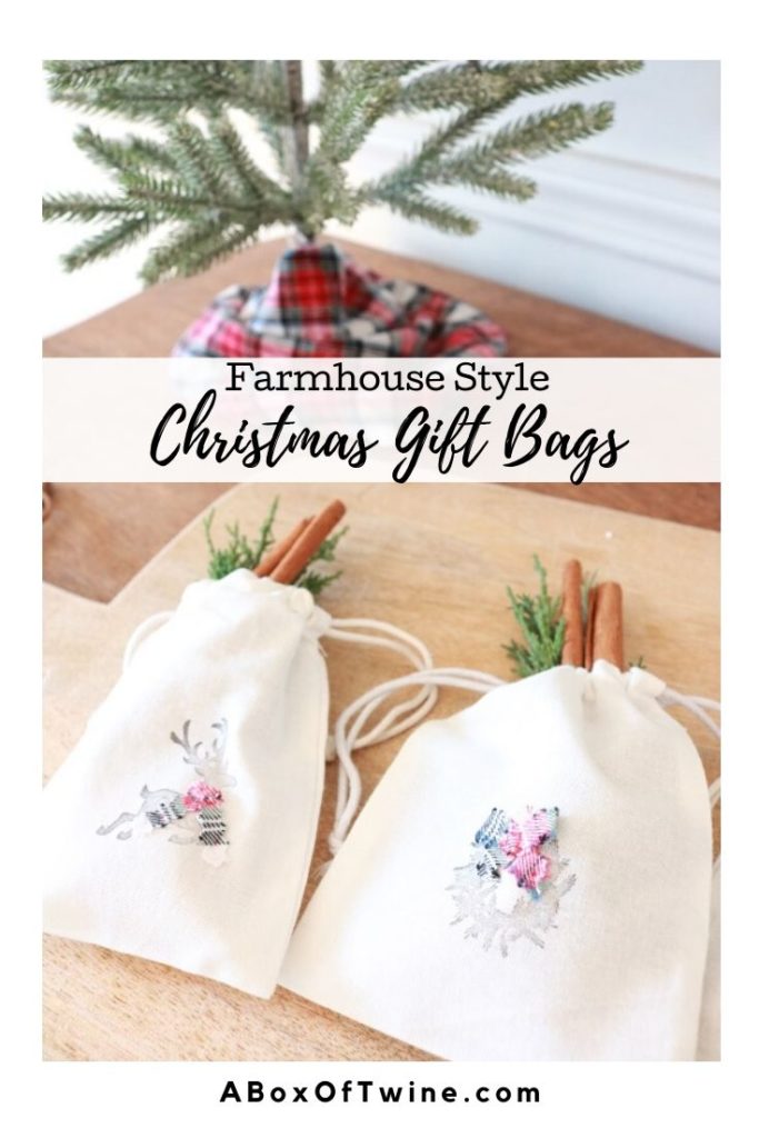 Make these Farmhouse Christmas gift bags! Stamp muslin bags, and embellish with flannel fabric.  Stuff with Christmas goodies! #christmasgiftbag #farmhousechristmas