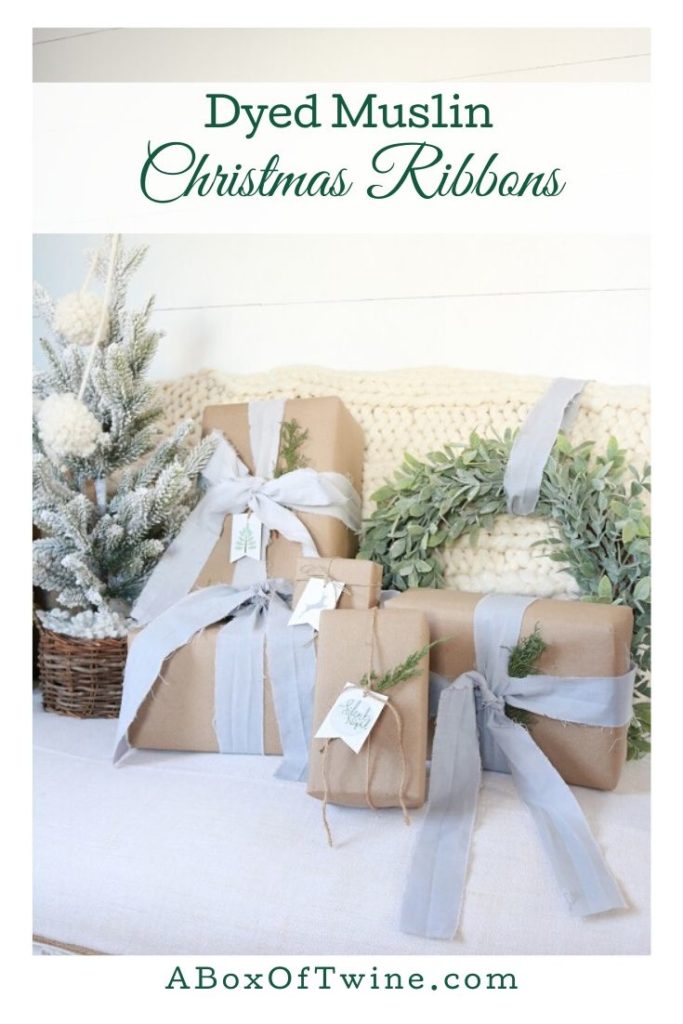 Make your own muslin ribbons by dyeing strips of muslin fabric.  Dye the ribbons any color you'd like using Rit fabric dye.  They're perfect for a rustic farmhouse style!  #christmasribbon #weddingribbon #handdyeribbon