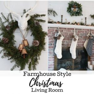 Take a little tour of our farmhouse Christmas styled living room. We love enjoying a fire in the fireplace, smelling the Christmas tree, and listening to music. #farmhousechristmas
