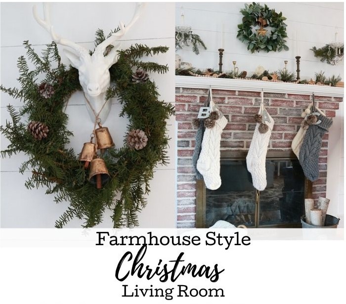 Take a little tour of our farmhouse Christmas styled living room. We love enjoying a fire in the fireplace, smelling the Christmas tree, and listening to music. #farmhousechristmas