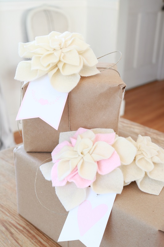 Felt Dahlia - cream and mixed flowers on boxes with tags