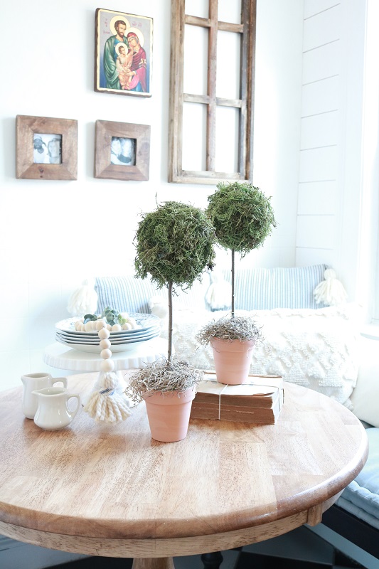 DIY Faux Topiaries - finished topiaries on kitchen table