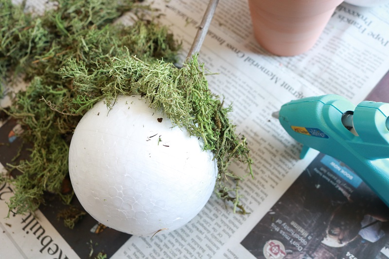 DIY Faux Topiaries - glue reindeer moss to foam ball