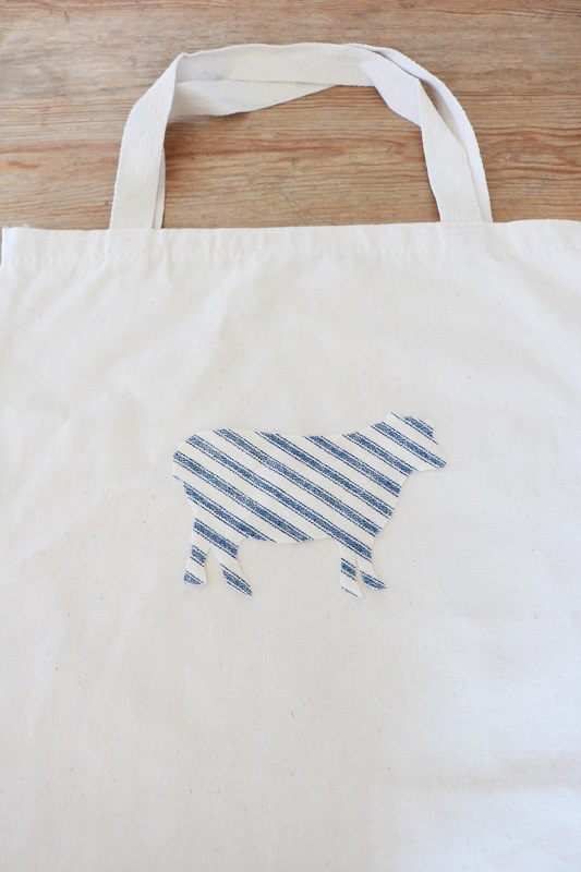 Farmhouse Style Ticking Stripe Canvas Bag - center sheep on bag