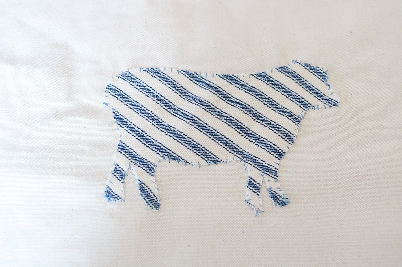 Farmhouse Style Ticking Stripe Canvas Bag - sew sheep on bag closeup