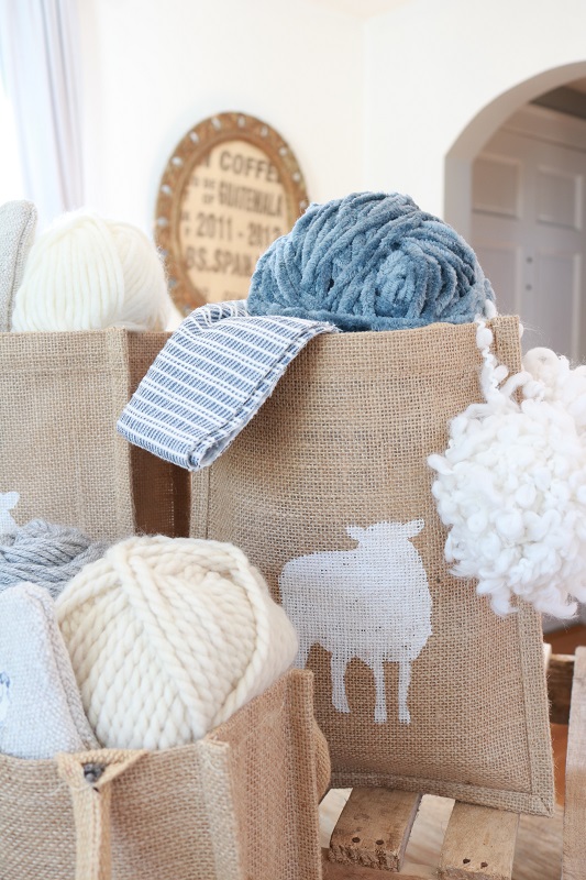 Jute Craft Bag with Sheep - closeup of blue yarn bag