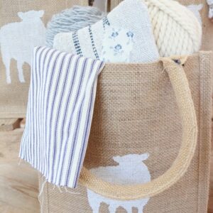 Jute Craft Bag with Sheep - closeup of ticking bag