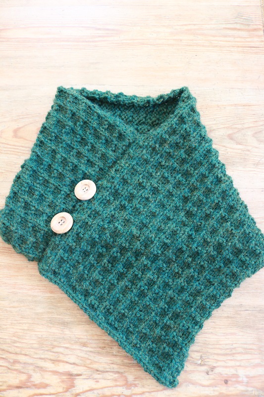 Knit Cowl Winter Forest Green - finished sewn seam and buttons