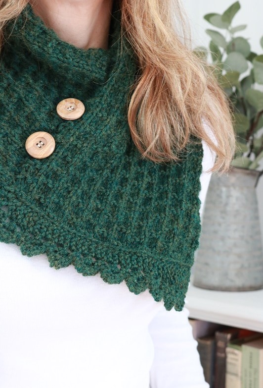 Knit Cowl Winter Forest Green - worn with bunting edge, with background