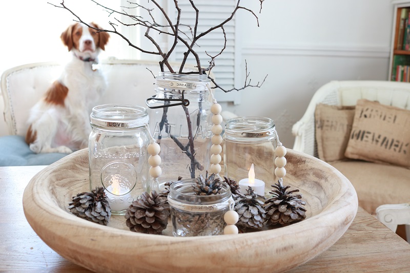 Upcycle Mason Jar to Hygge - displayed in wood bowl with Louis photobomb