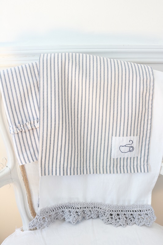 Farmhouse Style Tea Towel - on chair with runner and ruffle towel