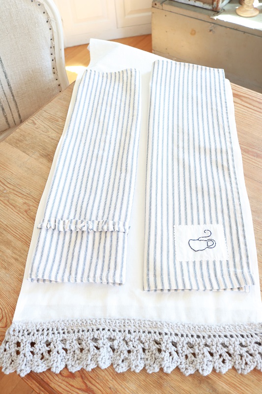 Farmhouse Style Tea Towel - on table with runner and ruffled towel