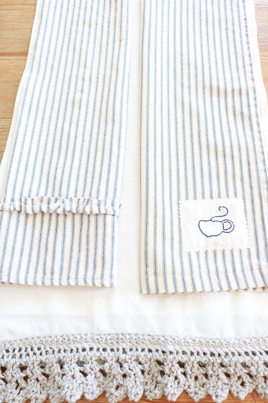 Farmhouse Style Tea Towel - on table with runner and ruffled towel