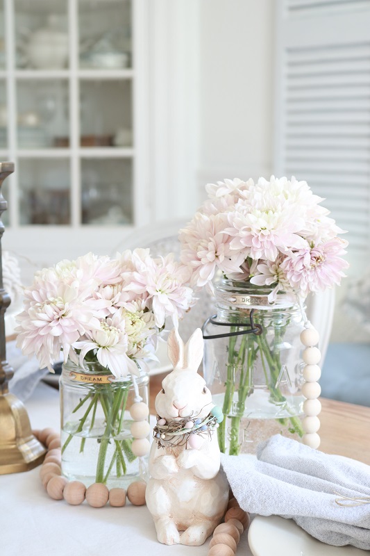 Scandinavian Inspired Easter Table - table setting, bunny and flowers