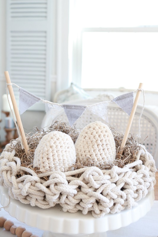 Scandinavian Inspired Easter Table - table setting, closeup of nest and banner