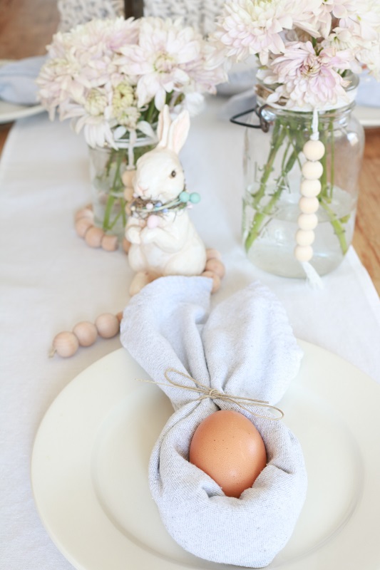 Scandinavian Inspired Easter Table - table setting, egg, bunny and flowers