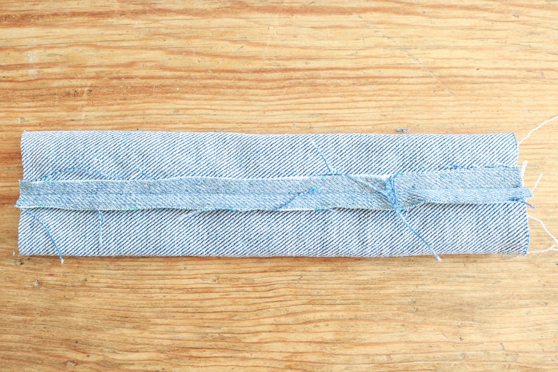 Denim Bracelet Cuff - denim sewn together and seam in middle