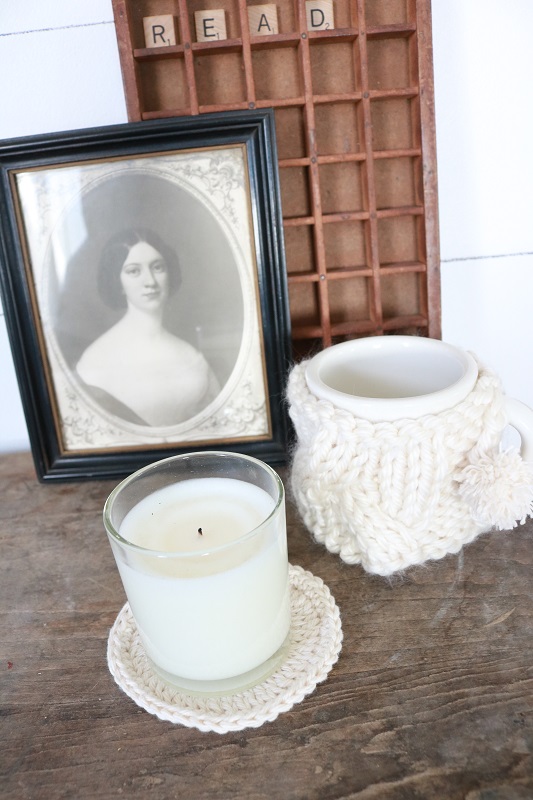 How to Style a Vintage Desk - 3 - last layer, soft textures and accessories,closeup of mug & candle