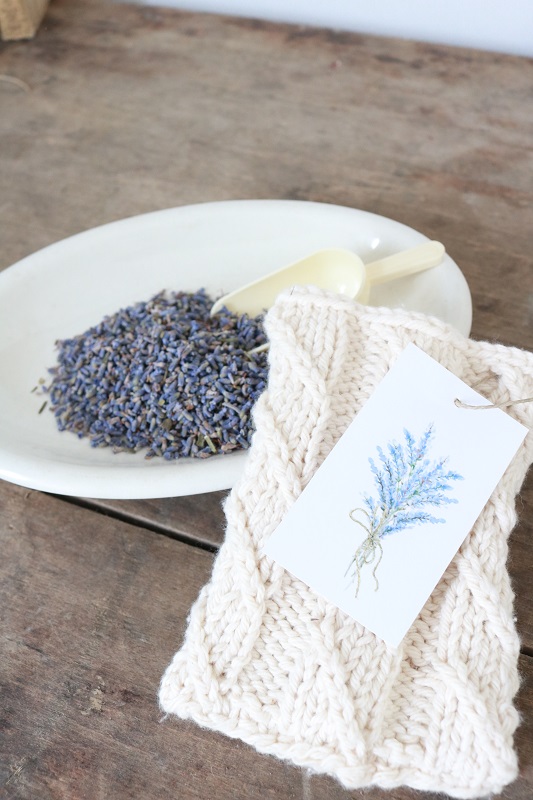 Lavender Gift Tags - tag on knit sachet