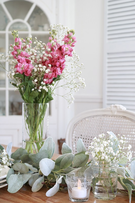 Spring Brunch Table Setting - view of babys breath flowers