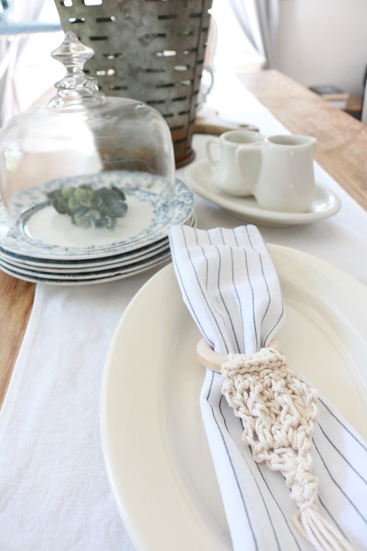 Crochet Wood Napkin Rings - table setting with napkin rings, closeup of other end