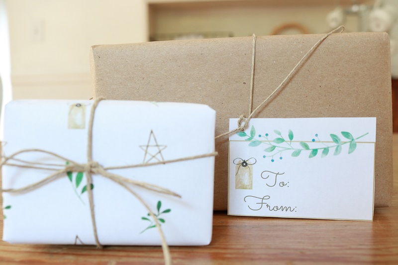 Simple Hygge Gift Wrap and Tags - wrapped gift and tag on table, closeup of tag