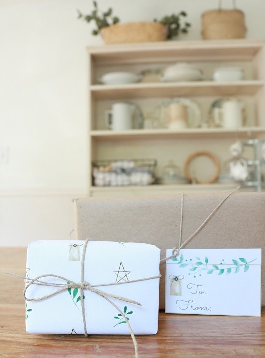 Simple Hygge Gift Wrap and Tags - wrapped gift and tag on table