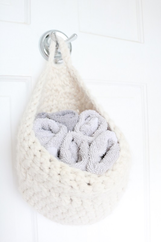 Farmhouse Style Bathroom - crochet basket with washcloths