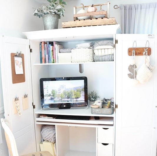 How To Repurpose A Computer Armoire For, Small Office Desk Armoire