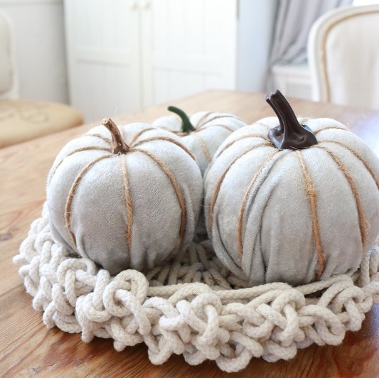 DIY Dollar Tree Fabric Pumpkins - finished pumpkins on display, feature