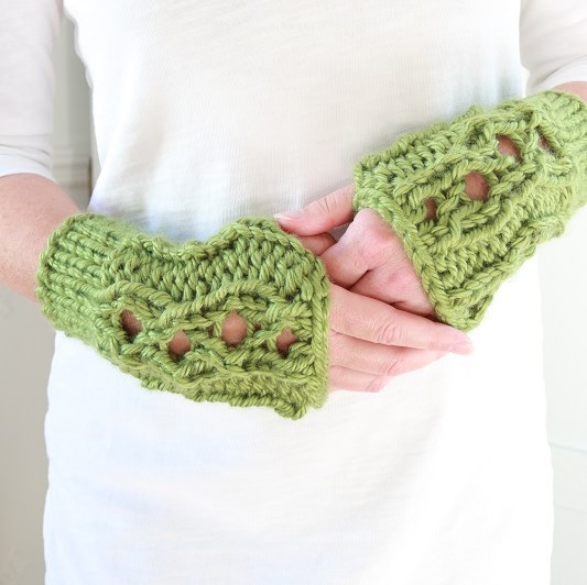 Chunky Knit Hand Warmers - wearing finished pair of hand warmers, feature image cropped