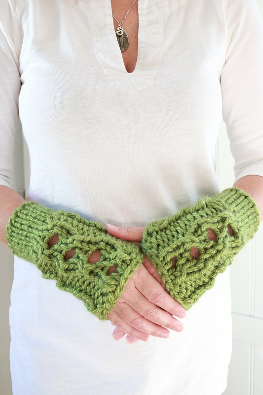 Chunky Knit Hand Warmers - wearing finished pair of hand warmers