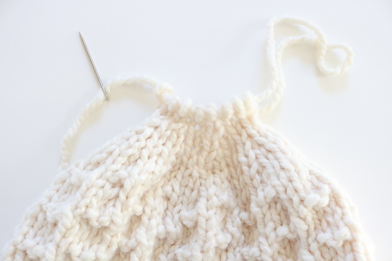 Chunky Knit Beanie Hat - thread yarn through last stitches