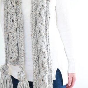 Knit Chunky Cable Scarf - finished scarf, wearing unwrapped