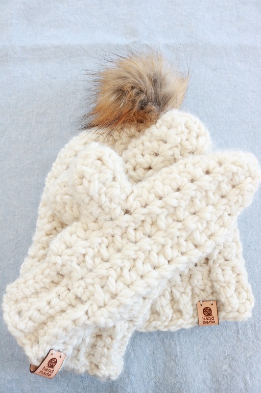 Chunky Hat and Mittens Crochet - finished with tags and pom pom