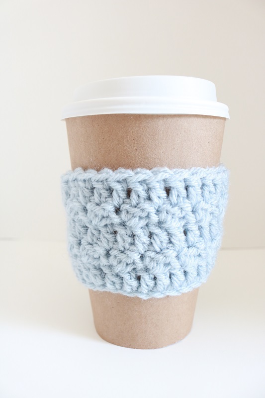Crochet Coffee Cup Cozy - finished cozy around cup